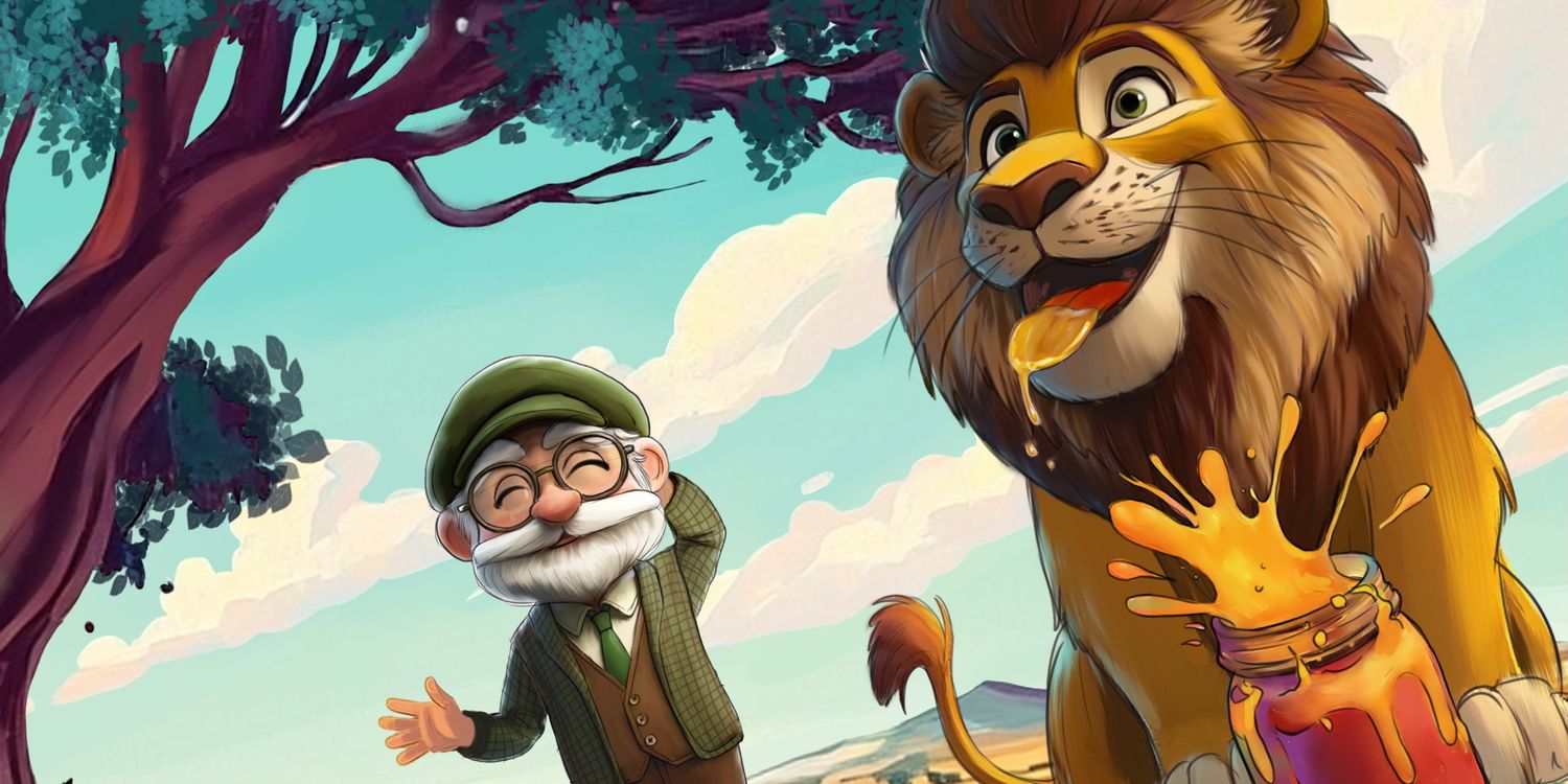 Mr Jelby waving beside the smiling Lion, who holds a jar of jelly under a tree