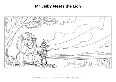 Mr Jelby colouring page: Mr Jelby Meets the Lion