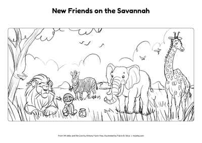 Mr Jelby colouring page: New Friends on the Savannah