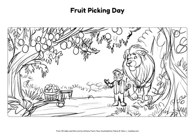 Mr Jelby colouring page: Fruit Picking Day