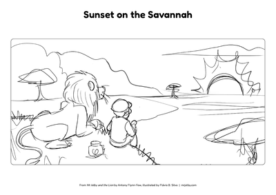 Mr Jelby colouring page: Sunset on the Savannah