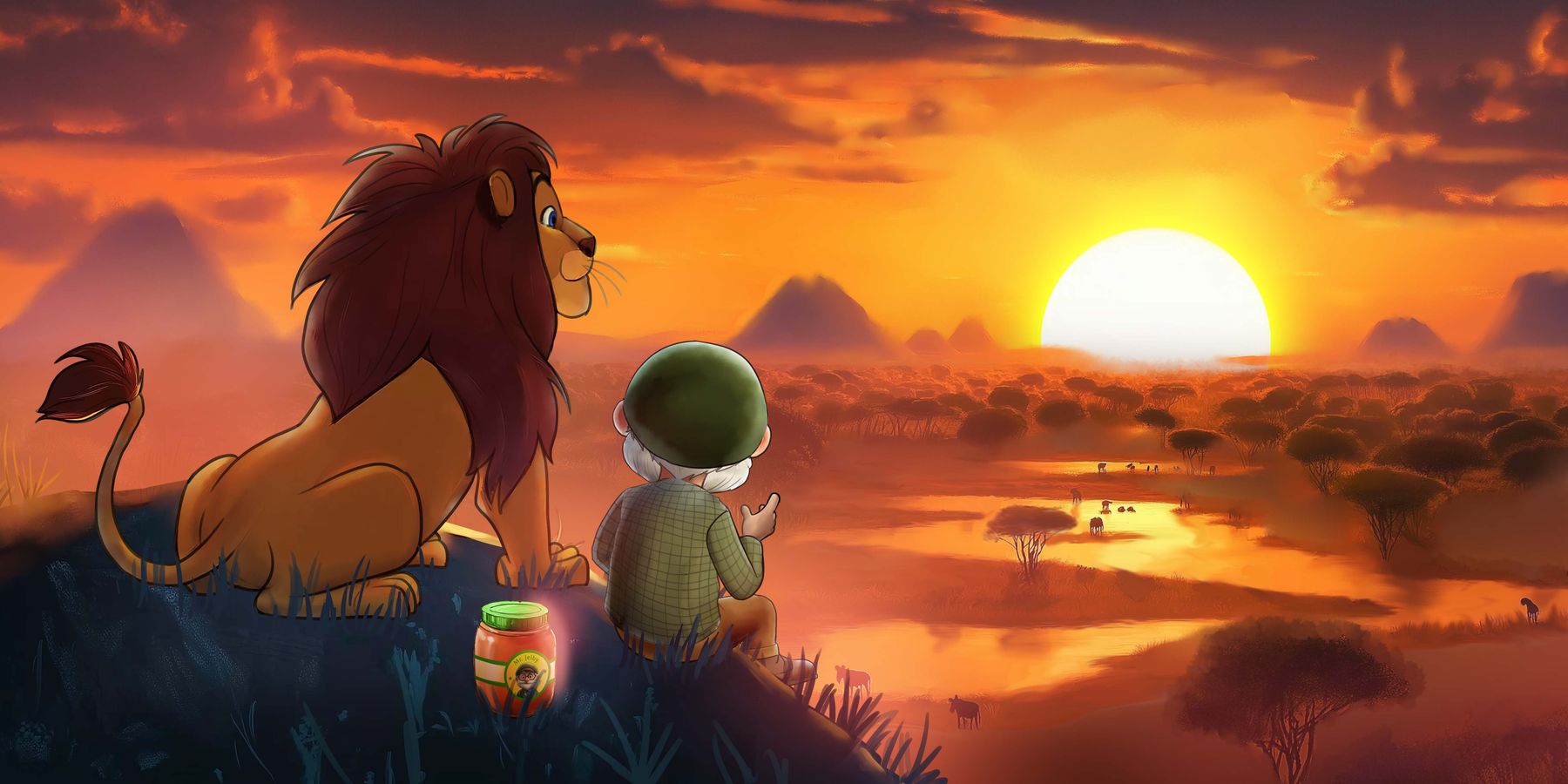 Mr Jelby and the Lion sitting on a hill watching the sun set over the savannah, with a jar of orange jelly beside them